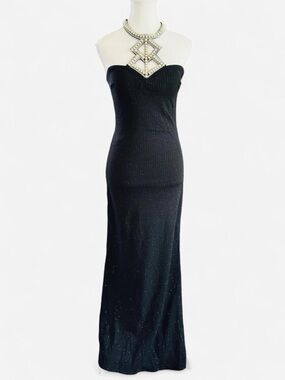 Black Strapless Maxi Dress Gold Beaded Neckline Formal Glam Small